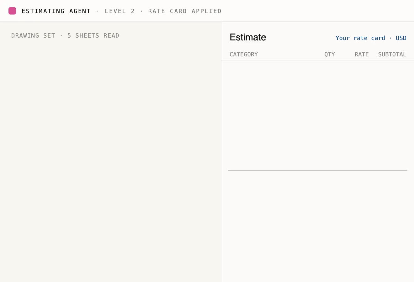 AI estimating: quantities read from each sheet of a drawing set, priced with your rate card into an estimate