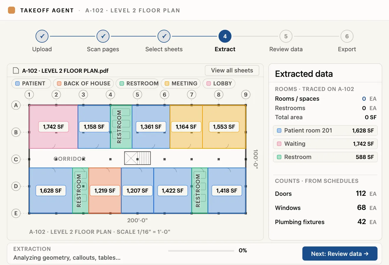 AI takeoff software tracing rooms and restrooms on a commercial floor plan and counting doors, windows and plumbing fixtures from the schedules