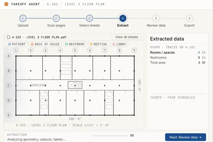 AI Blueprint Classifier platform showreel: Takeoff, P&ID, Window Search and Estimating agents working on drawings