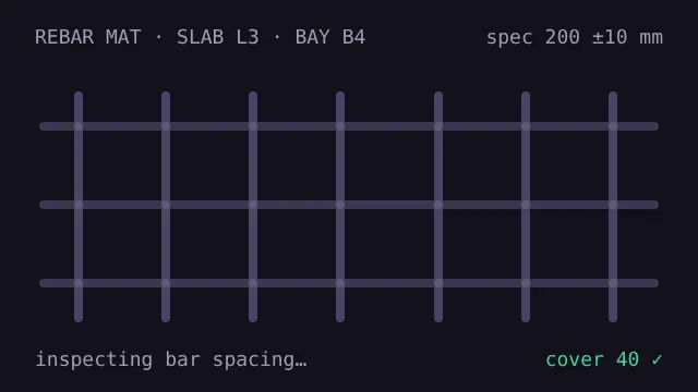 Rebar mat inspection measuring bar spacing and flagging one gap out of tolerance